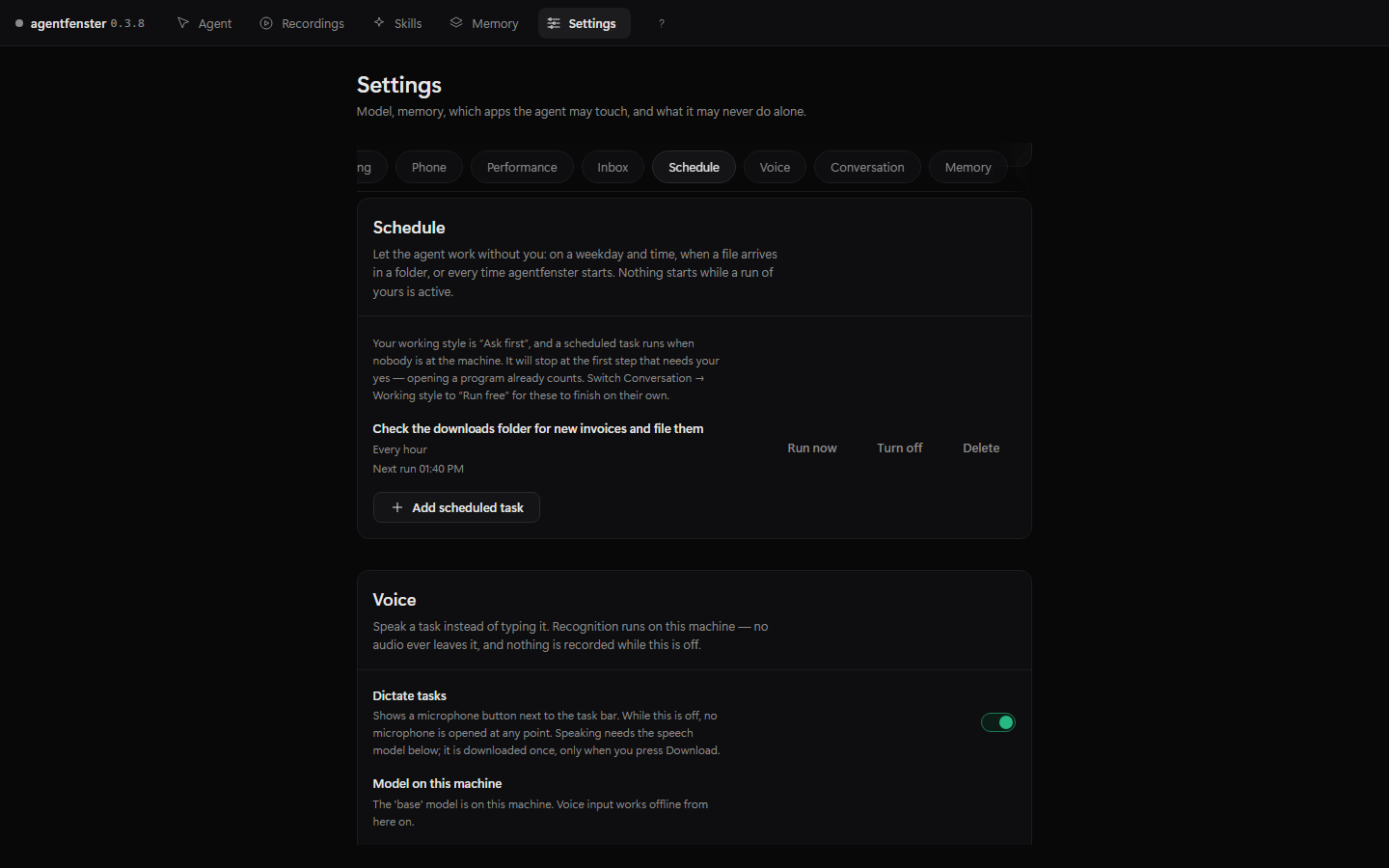 Schedule section with one entry: check the downloads folder for new invoices, every hour, next run in the afternoon.